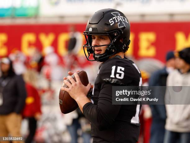 Quarterback Brock Purdy of the Iowa State Cyclones throws the ball during pregame warmups in the first half of play at Jack Trice Stadium on November...