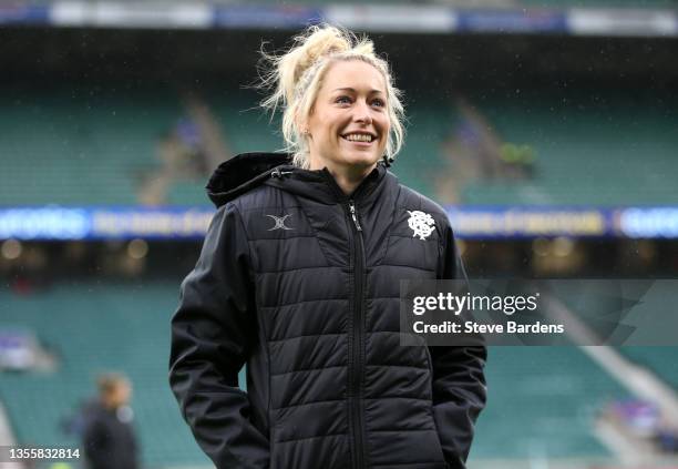 Natasha Hunt of Barbarians inspects the pitch prior to the Killik Cup match between Barbarians Women and Springbok Women's XV at Twickenham Stadium...