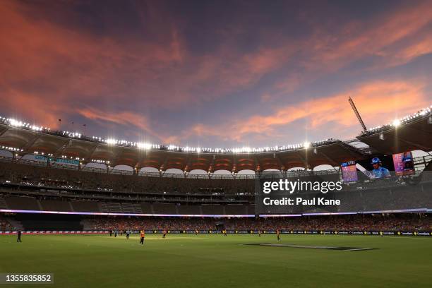 General view of play is seen during the Women's Big Bash League Final match between the Perth Scorchers and the Adelaide Strikers at Optus Stadium,...