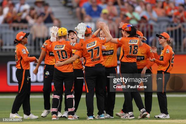 The Scorchers celebrate the wicket Dane van Niekerk of the Strikers of during the Women's Big Bash League Final match between the Perth Scorchers and...