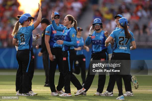 Amanda-Jade Wellington of the Strikers celebrates the wicket of Heather Graham of the Scorchers during the Women's Big Bash League Final match...