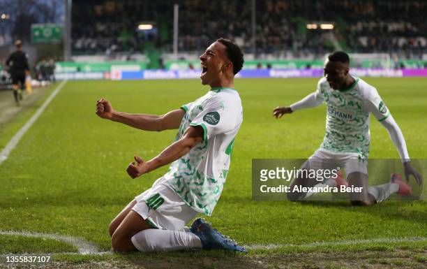 Jamie Leweling of SpVgg Greuther Furth celebrates after scoring their side's first goal during the Bundesliga match between SpVgg Greuther Fürth and...