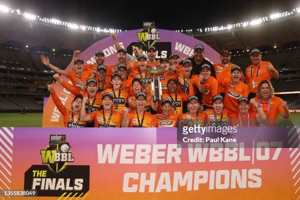 The Scorchers celebrate with the WBBL 07 Champions trophy after winning the Women's Big Bash League Final match between the Perth Scorchers and the...