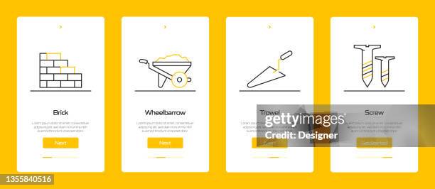 construction industry concept onboarding mobile app page screen with flat icons. ux, ui design template vector illustration - electrical contractor stock illustrations
