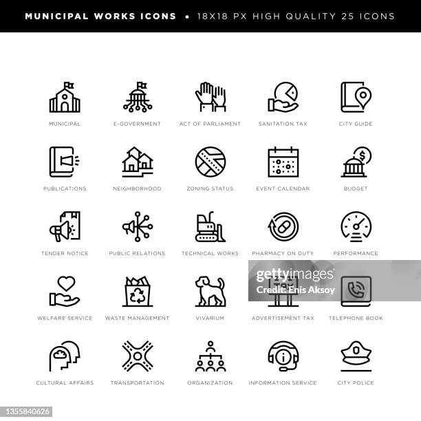 municipal works icons for technical works, waste management, transportation, cultural affairs, public relations etc. - local politics stock illustrations