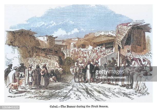 old engraved illustration of kabul - the bazaar during the frui season - afghanistan stock pictures, royalty-free photos & images