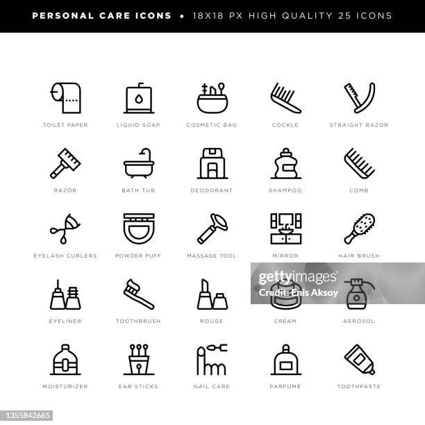 stockillustraties, clipart, cartoons en iconen met personal care icons with its equipment, cosmetics, deodorant, shampoo, eyeliner, toothbrush, rouge, cream and other keywords - eyeliner