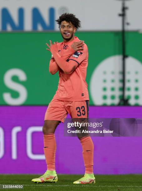 Georginio Rutter of TSG 1899 Hoffenheim celebrates after scoring their side's third goal during the Bundesliga match between SpVgg Greuther Fürth and...