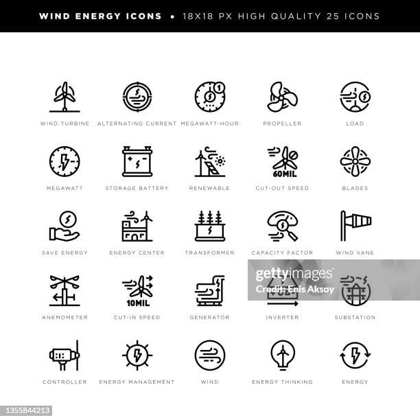 windenergie-ikonen mit ihrer ausrüstung, windkraftanlage, propeller, transformator, windfahne, anemometer, generator und anderen schlüsselwörtern - batteriespeicher stock-grafiken, -clipart, -cartoons und -symbole