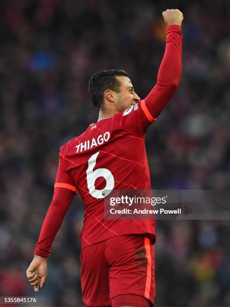 Thiago Alcantara of Liverpool celebrates after scoring the third goal during the Premier League match between Liverpool and Southampton at Anfield on...