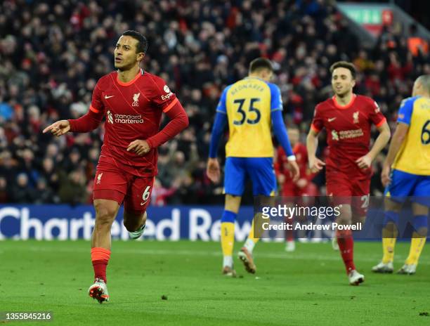 Thiago Alcantara of Liverpool celebrates after scoring the third goal during the Premier League match between Liverpool and Southampton at Anfield on...