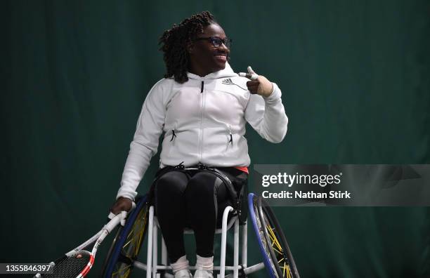 Mariam Ayeni gestures during the LTA Wheelchair National Finals at The Shrewsbury Club on November 27, 2021 in Shrewsbury, England.