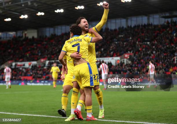 Reda Khadra of Blackburn Rovers celebrates with teammate Ben Brereton after scoring his team's first goal during the Sky Bet Championship match...