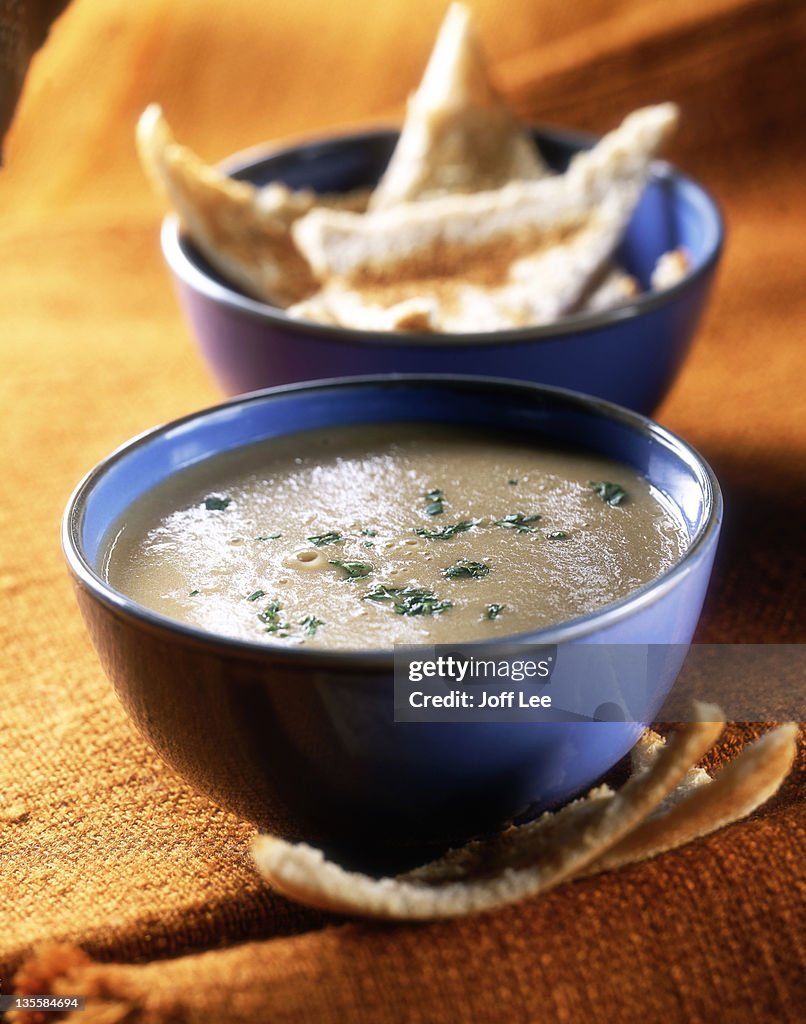 Creamed mushroom soup with french toast