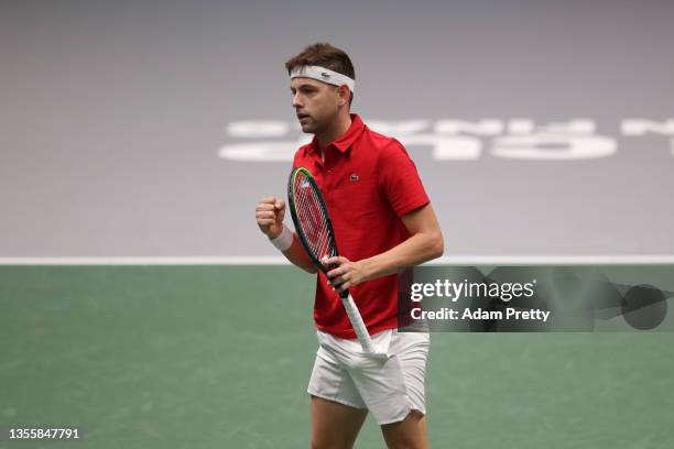 Filip Krajinovic of Serbia reacts during the Davis Cup match between Filip Krajinovic of Serbia and Dominik Koepfer of Germany at OlympiaWorld on...