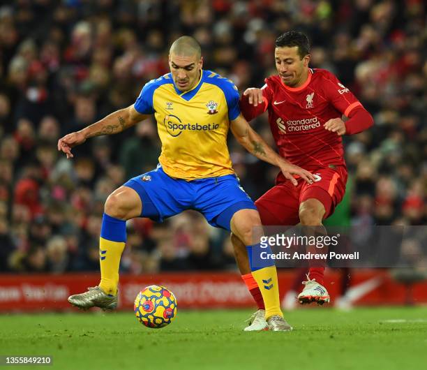 Thiago Alcantara of Liverpool during the Premier League match between Liverpool and Southampton at Anfield on November 27, 2021 in Liverpool, England.