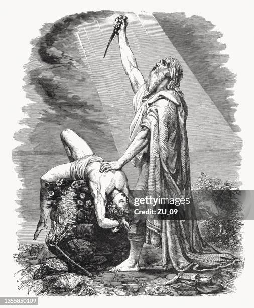 abraham's sacrifice of isaac (genesis 22), wood engraving, published 1862 - aries stock illustrations