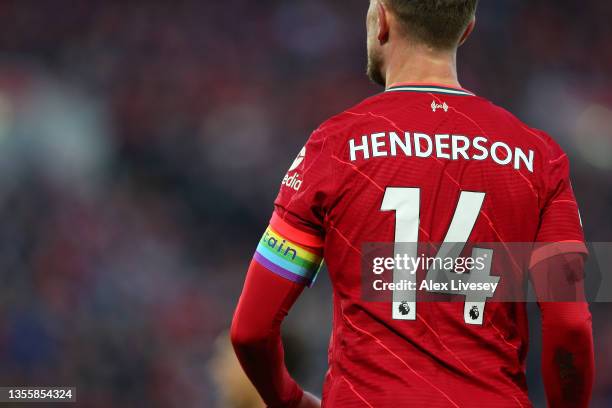 Jordan Henderson of Liverpool wears a rainbow captains armband as clubs show their support to the Stonewall Rainbow Laces campaign during the Premier...