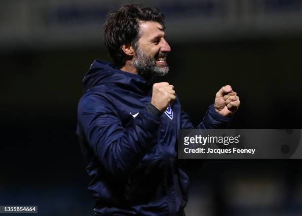 Danny Cowley, manager of Portsmouth celebrates victory following the Sky Bet League One match between Gillingham and Portsmouth at MEMS Priestfield...