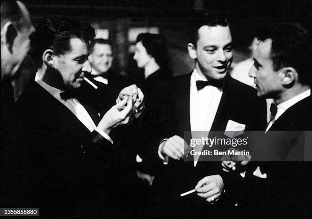 Leonard Bernstein, Stephen Sondheim, Arthur Laurents on opening night of West Side Story, September 26, 1957