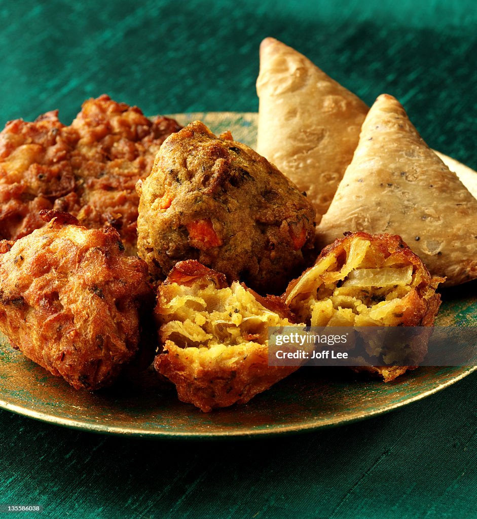 Onion bhajis and samosas