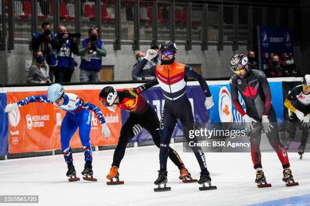 Sjinkie Knegt of Netherlands competing during the ISU World Cup Short Track Speed Skating Dordrecht at Optisport Sportboulevard on November 27, 2021...