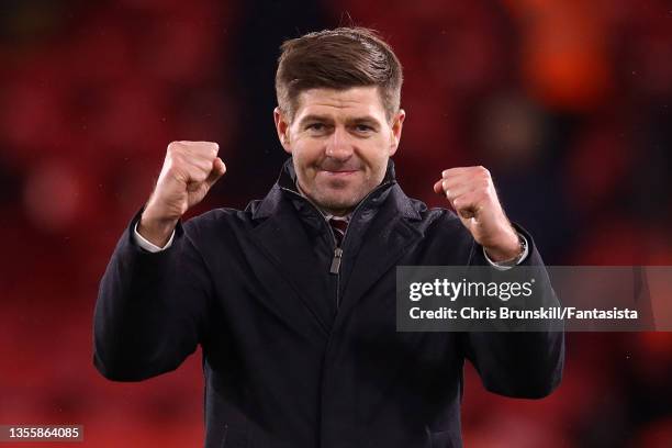 Aston Villa manager Steven Gerrard celebrates following the Premier League match between Crystal Palace and Aston Villa at Selhurst Park on November...