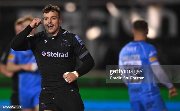 Falcons wing Adam Radwan celebrates after scoring the second Falcons try during the Gallagher Premiership Rugby match between Newcastle Falcons and...