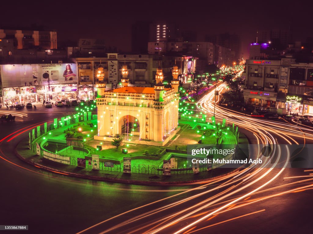 CharMinar Chorangi Karachi illuminated with green lights