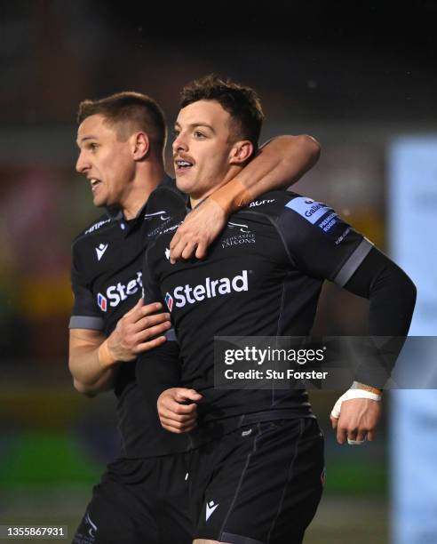 Falcons wing Adam Radwan celebrates with Louis Schreuder after scoring the second Falcons try during the Gallagher Premiership Rugby match between...