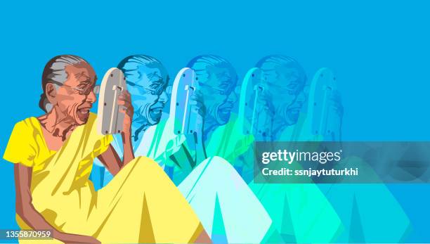 an old woman is making funny faces , - looking in mirror reflection stock illustrations