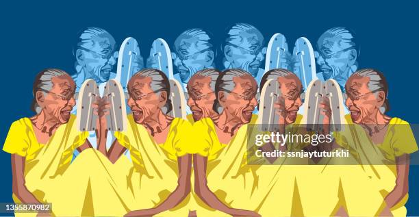 an old woman is making funny faces , - looking in mirror reflection stock illustrations