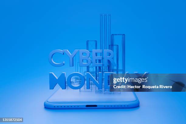 cyber monday. icon on blue background - phone and city with long shadow - cyber monday stock pictures, royalty-free photos & images