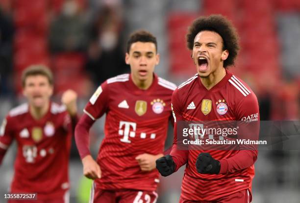 Leroy Sane of FC Bayern Muenchen celebrates after scoring their side's first goal during the Bundesliga match between FC Bayern München and DSC...