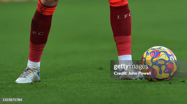 Jordan Henderson captain of Liverpool with his rainbow laces in action during the Premier League match between Liverpool and Southampton at Anfield...