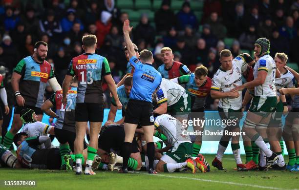 Christophe Ridley, the referee awards a try to Augustin Creevy of London Irish during the Gallagher Premiership Rugby match between Harlequins and...
