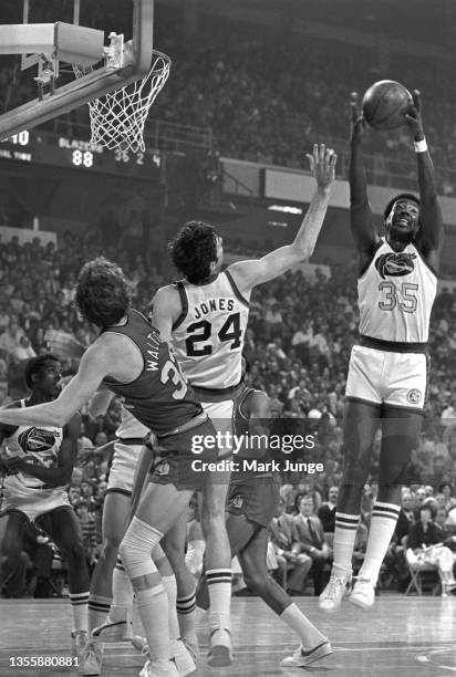 Denver Nuggets forward Paul Silas, grabs a rebound during an NBA playoff game against the Portland Trail Blazers at McNichols Arena on May 1, 1977 in...