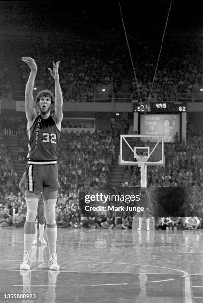 Portland Trail Blazers center Bill Walton shoots a free throw during an NBA playoff game against the Denver Nuggets at McNichols Arena on May 1, 1977...
