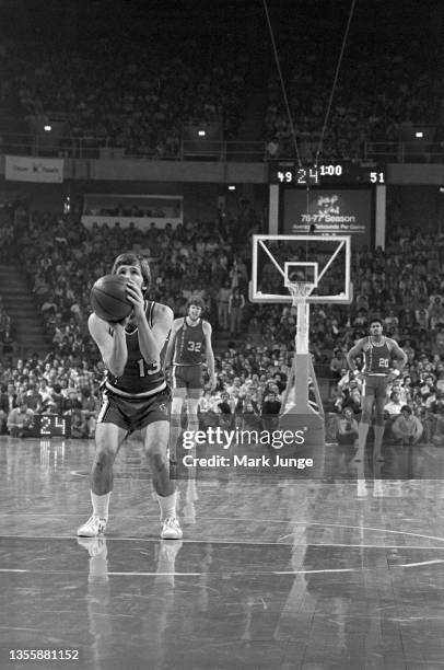 Portland Trail Blazers point guard Dave Twardzik shoots a free throw during an NBA playoff game against the Denver Nuggets at McNichols Arena on May...