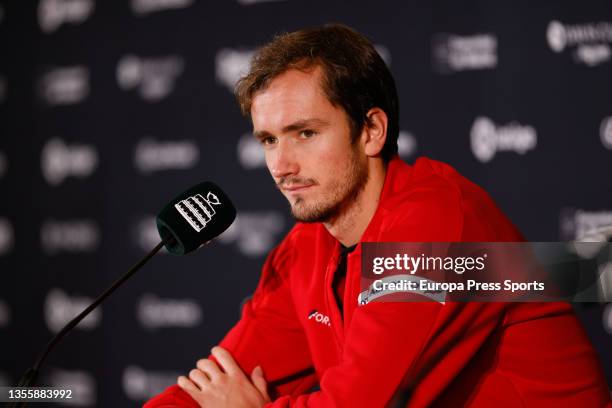 Daniil Medvedev of Russia attends during the press conference after winning the Davis Cup Finals 2021, Group A, tennis match played between Russia...