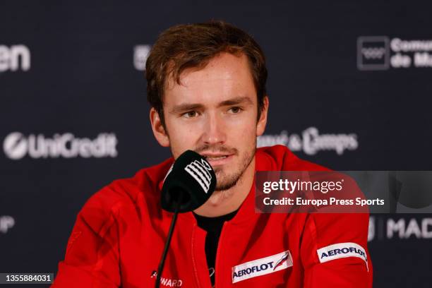 Daniil Medvedev of Russia attends during the press conference after winning the Davis Cup Finals 2021, Group A, tennis match played between Russia...