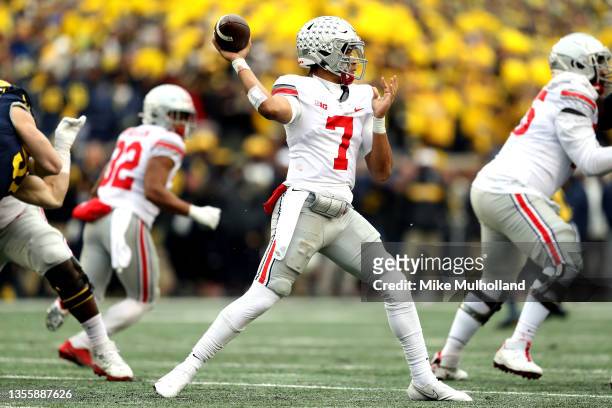 Stroud of the Ohio State Buckeyes throws a pass in the second half of the game against the Michigan Wolverines at Michigan Stadium on November 27,...