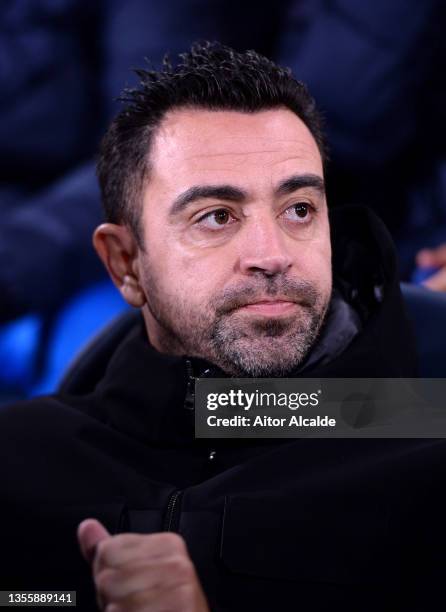 Xavi Hernandez, Head Coach of FC Barcelona looks on during the La Liga Santander match between Villarreal CF and FC Barcelona at Estadio de la...