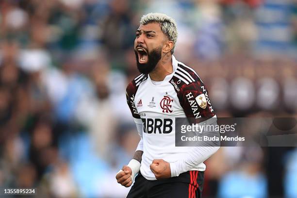 Gabriel Barbosa of Flamengo celebrates after scoring the opening goal of his team during the final match of Copa CONMEBOL Libertadores 2021 between...