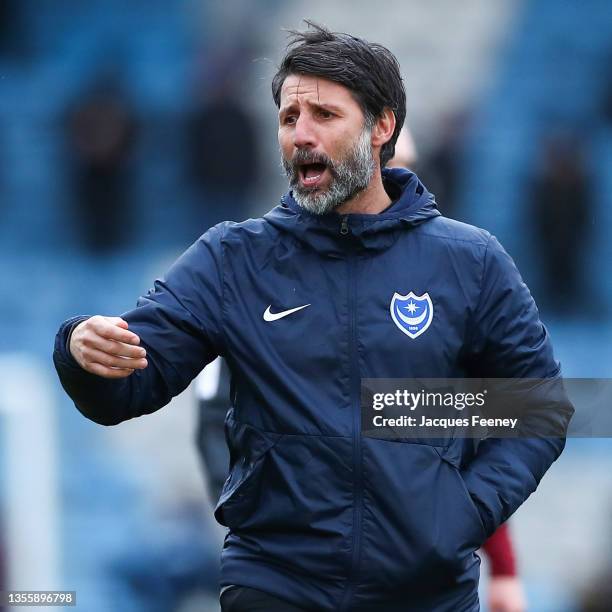 Danny Cowley, manager of Portsmouth gives their team instructions prior to the Sky Bet League One match between Gillingham and Portsmouth at MEMS...