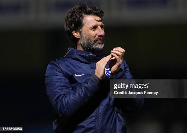 Danny Cowley, manager of Portsmouth acknowledges the fans following the Sky Bet League One match between Gillingham and Portsmouth at MEMS...