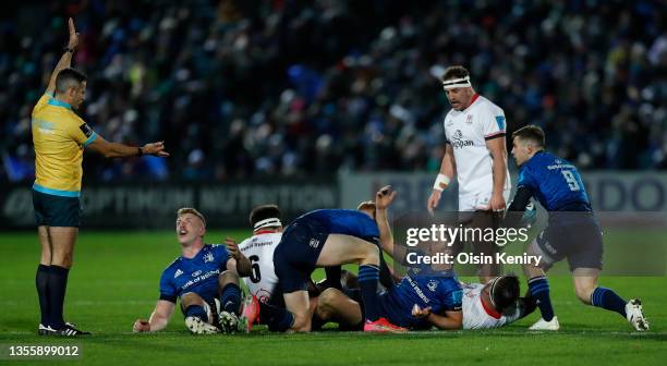 Dan Leavy of Leinster reacts to a decision made by referee Frank Murphy during the match between Leinster v Ulster at RDS Arena on November 27, 2021...