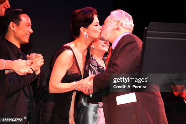 Stephen Sondheim is applauded onstage with performers including Catherine ZetaJones and B.D. Wong attending the New York City Center Gala Celebration...