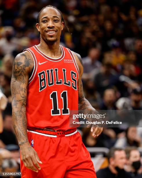 DeMar DeRozan of the Chicago Bulls looks on during the second quarter against the Orlando Magic at Amway Center on November 26, 2021 in Orlando,...