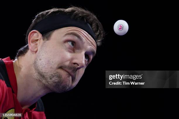 Timo Boll of Germany serves to Kanak Jha of United States during the men's singles quarterfinal match of the 2021 ITTF World Table Tennis...